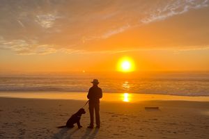 My wife and our dog silhouetted against the sunset